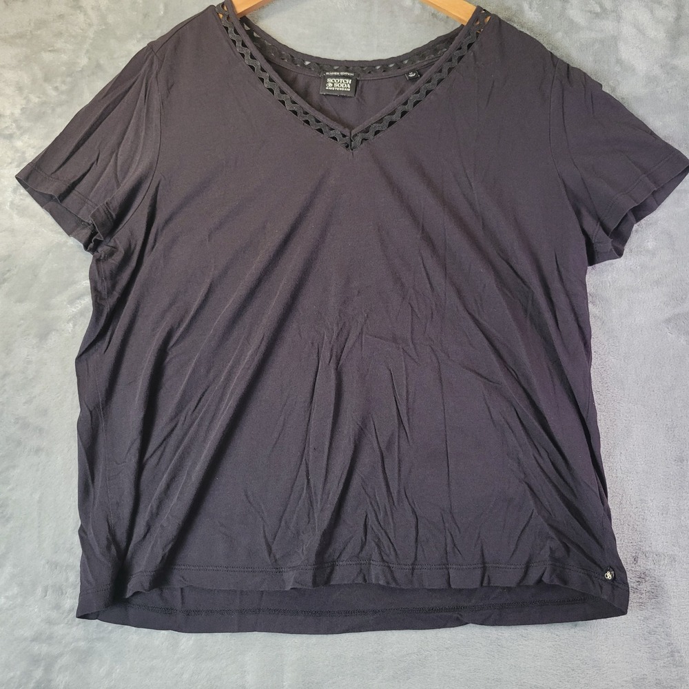 Scotch & Soda Black V-Neck Eyelet Trim Cotton Modal T-Shirt Summer Edition M